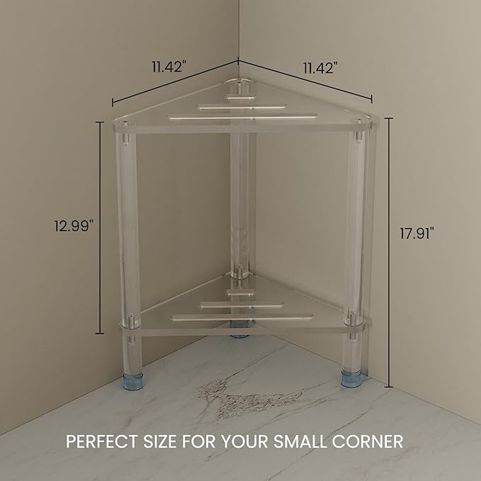 Acrylic Corner Shower Stool for Shaving Legs 11.42" D X 11.42" W X 17.91" H, Triangle Foot Rest With Storage Shelf, Heavy Duty, for Inside Shower