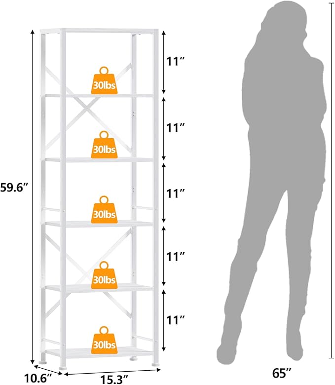 Furologee White Tall Bookshelf, Narrow Bookcase with 6 Shelves, Modern Freestanding Shelf Units, Metal and Wood Display Storage Corner Rack Organizer for Living Room, Home Office, Hallway, Bathroom