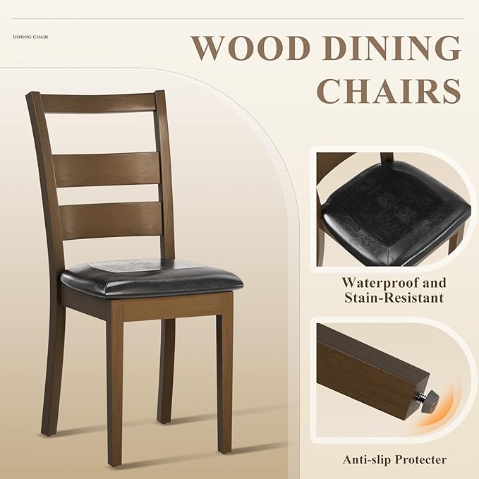 COLAMY Upholstered Dining Chairs Set of 6, PU Leather Ladder High Back Dining Room Kitchen Side Chair with Adjustable Foot Pegs, Dark Brown