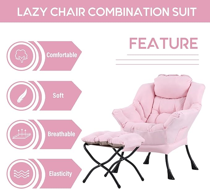 LITA Lazy Chair with Ottoman, Modern Accent Leisure Upholstered Sofa, Contemporary Lounge Reading Chair with Armrests and a Side Pocket for Living Room, Bedroom & Small Space, Pink