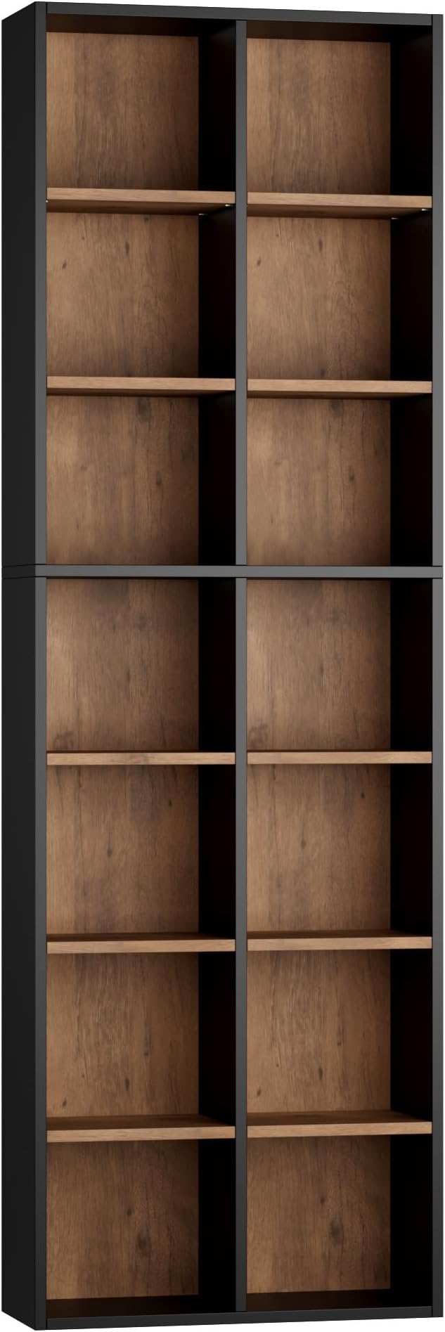 FOTOSOK 71'' Tall Bookshelf, Double Wide Media Tower Rack CD DVD Rack Display Cabinet with Adjustable Shelves, Tall Narrow Bookcase Bookshelf for Home Office, Black/Brown