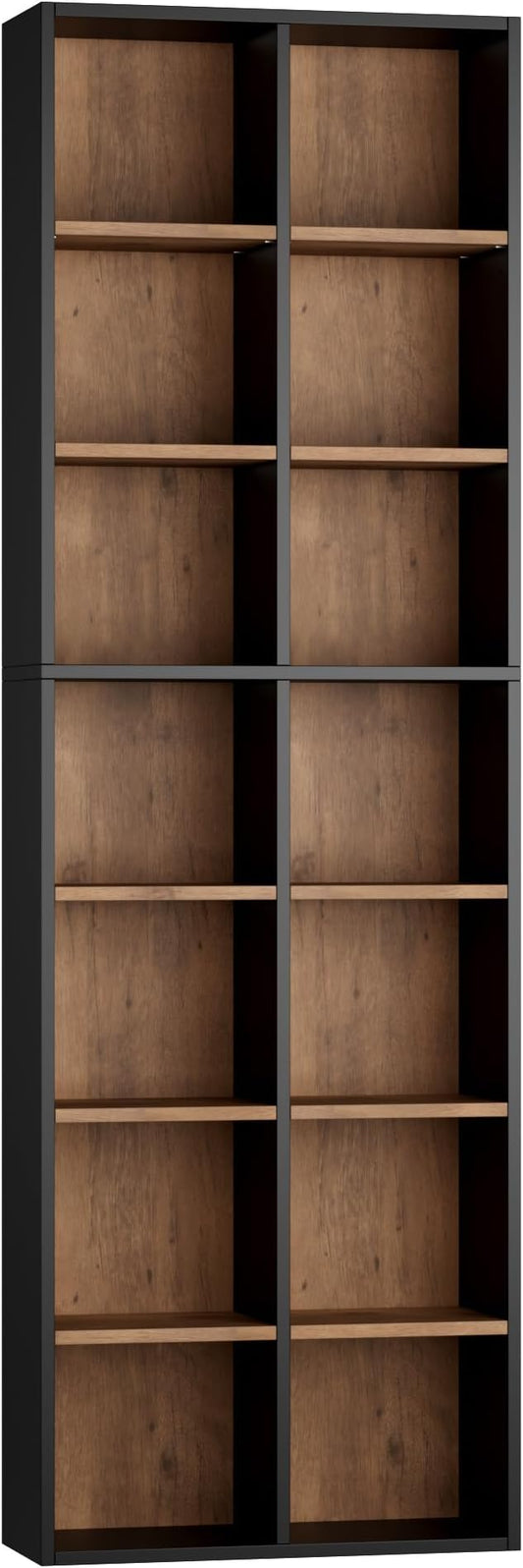 FOTOSOK 71'' Tall Bookshelf, Double Wide Media Tower Rack CD DVD Rack Display Cabinet with Adjustable Shelves, Tall Narrow Bookcase Bookshelf for Home Office, Black/Brown