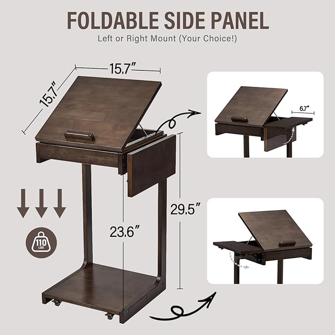 CozyDH Rolling Side Table with Wheels, Adjustable C Shaped End Table for Couch, Solid Wood TV Tray Sofa Arm Table for Eating Multi-Purpose, Small Coffee Table Living Room Bedroom, Walnut