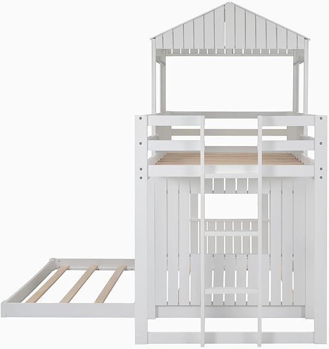 Ball & Cast Twin Over Full Playhouse Bunk Bed with Ladder and Window,Farmhouse Wood Bunkbed w/Full-Length Guard Rail & Slat Support,Space Saving,Bedroom Furniture for Student Dorms,White