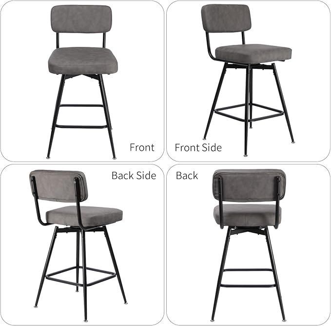 Swivel Counter Height Bar Stools Set of 2, Faux Leather Bar Stools with Back, Metal Legs and Footrest, 26" Seat Height Barstools for Kitchen Islands and Home Bars, Easy Assembly, Grey&Black