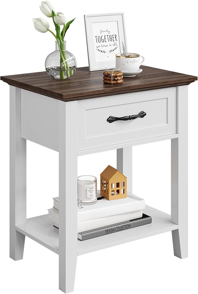IDEALHOUSE Nightstand, End Table with Drawer, Side Table for Spaces, 2 Tiers Storage Shelves with Dresser, Bedside Table for Living Room, Bedroom, Dorm (White)