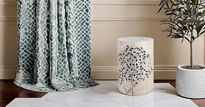 PEMAR Mother of Pearl Cylinder Drum End Table Nacre Side Stool Round Accent Table Coffee Bedside Nightstand and Vanity Stool (Olive Tree)
