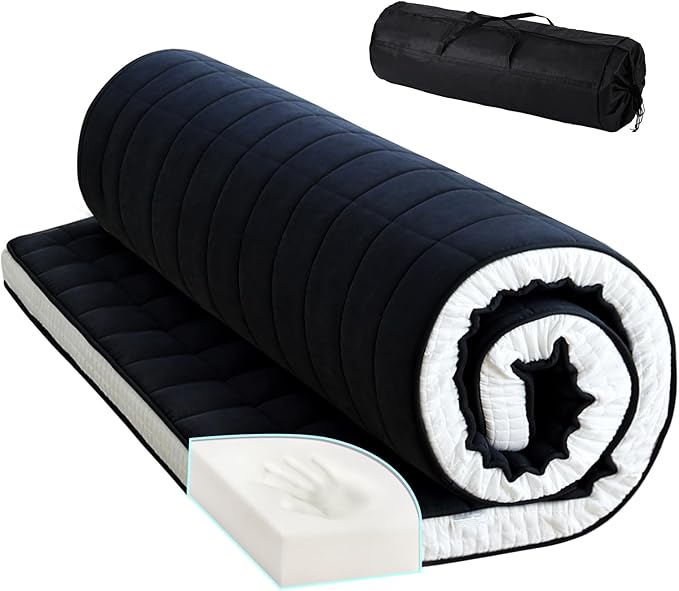Tiita Japanese Floor Mattress, 4” Thicken Futon Mattress with Storage Bag and 2 Straps, Full Size Sleeping Tatami Mat for Adults，Black