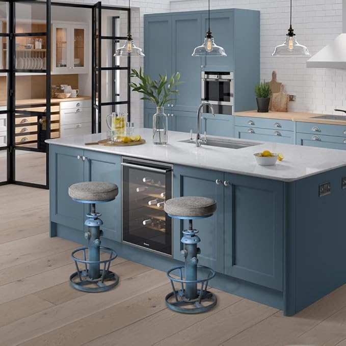 Topower American Antique Industrial Round Bottom Adjustable Height Cafe Coffee Retro Vintage Stylish Water Pipe Design Pub Kitchen Bar Stool (Antique Blue, PU Leather Top)