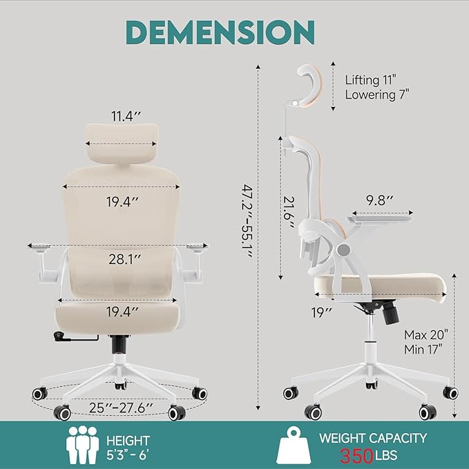 Office Chair Ergonomic Desk Chair with Lumbar Support&Headrest&Flip-up Arms Height Adjustable Rocking Swivel High Back Computer Chair Warm Taupe Mesh Study Chair (05Khaki)
