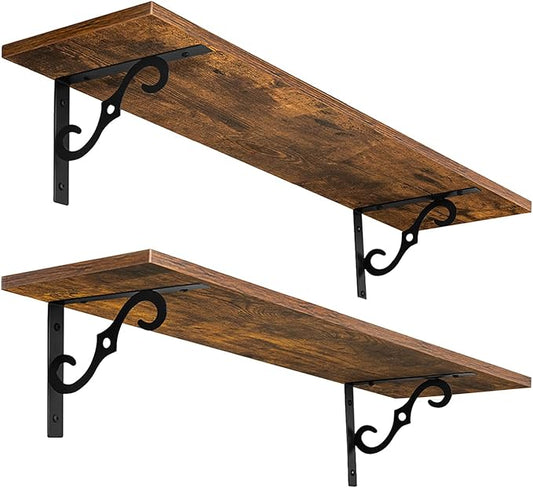 DINZI LVJ Long Wall Shelves, 23.6 Inch Large Floating Shelves Set of 2, Wide Display Shelf Wall Mounted with Brackets, Easy Hanging for Living Room, Toilet, Office, Bedroom, Rustic Brown