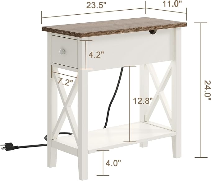 ChooChoo End Table Set of 2 with Charging Station, Narrow End Table with USB Ports and Outlets, Small Side Table Nightstand with Drawer for Living Room, Bedroom, Soft White