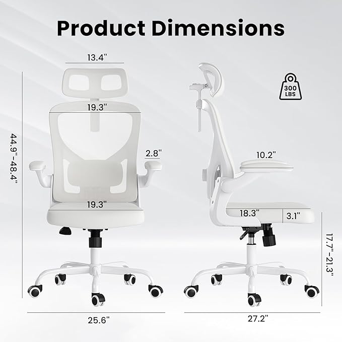 Ergonomic Office Chair, Comfy Home Office Chair High Back Computer Chair with Headrest, Adjustable Back Support, Flip-Up Arms, 90-120° Tilt and Wide Cushion, Up to 300lbs,White