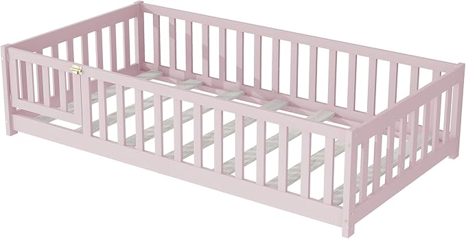 Twin Floor Bed Frame with Slats and Safety Guardrail, Wood Twin Size Montessori Floor Bed with Door and Fence, Easy Assemble Montessori Beds for Kids, Girls, Boys, Pink