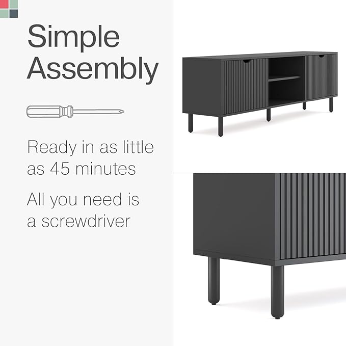 Fluted TV Stand - 70-Inch Fluted Black Wood - TV Console Table & Entertainment Center with Storage - Soft-Close Doors, Adjustable Shelves & Cable Management