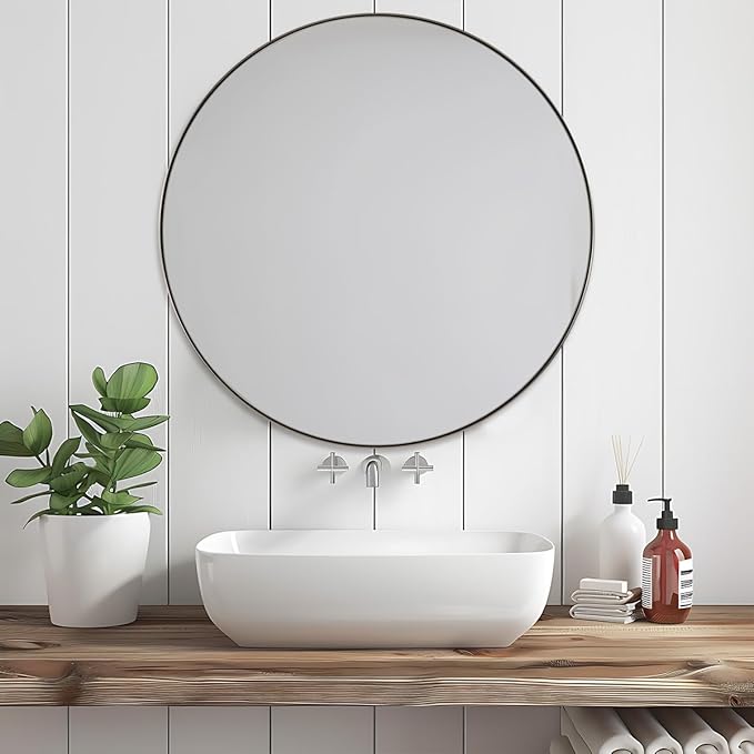 ANDY STAR Round Bathroom Mirror, 24’’ Polished Chrome Round Bathroom Mirrors in Stainless Steel Metal Frame 1" Deep Set Design 7
