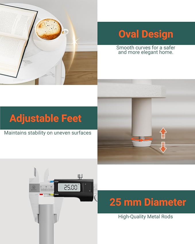 Small Round Side Table - 3-Tier Oval Accent Table for Small Spaces, Rustic Wood and Metal Couch End Table, Nightstand for Bedroom or End Table Living Room, Set of 2, Marble White