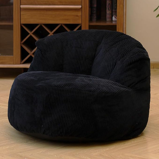 N&V Large Crescent Bean Bag Chair, Adult Size Bean Bag Sack, Foam Filling, Soft Premium Corduroy Bean Bag for Living Room Bedroom Dorm and Office (Black)