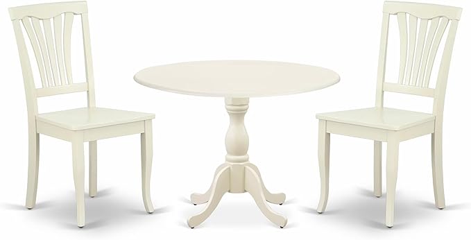 East West Furniture DMAV3-LWH-W 3 Piece Dining Room Table Set Contains a Round Dining Table with Dropleaf and 2 Wood Seat Chairs, 42x42 Inch, Linen White