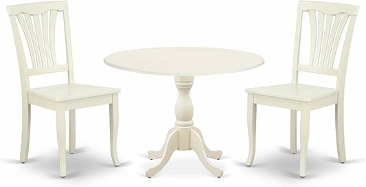 East West Furniture DMAV3-LWH-W 3 Piece Dining Room Table Set Contains a Round Dining Table with Dropleaf and 2 Wood Seat Chairs, 42x42 Inch, Linen White
