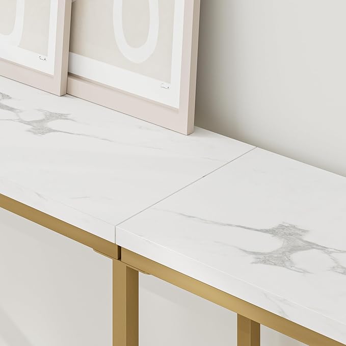 Masupu 70.9" Console Table, Modern Narrow Long Sofa Table Behind Couch, Skinny Entry Table, Industrial Sofa Table with Metal Frame for Hallway, Living Room, Marble White