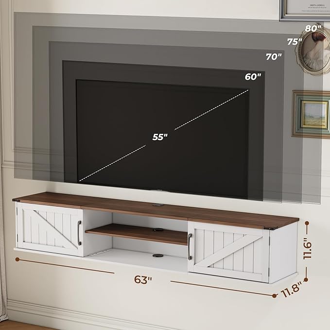 Floating TV Stand with Doors, 63'' Farmhouse Floating TV Shelf for TVs up to 80 Inch, 2 Tier Wall Mounted TV Stand, Floating Entertainment Center, TV Floating Cabinet for Living Room, Bedroom, White