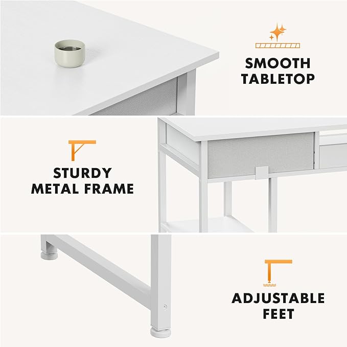 Whitmor Computer Desk - 48 Inch Home Office Study Writing Table with 2 Fabric Drawers, Storage Shelves, Side Bag, Headphone Hook, White