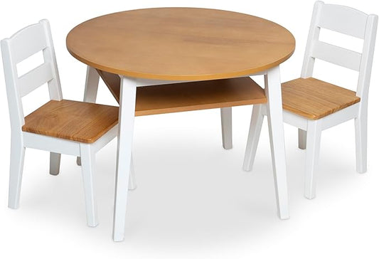 Melissa & Doug Wooden Round Table and 2 Chairs Set – Kids Furniture for Playroom, Light Woodgrain and White 2-Tone Finish Two-Tone Round Wooden Toddler And Kids Table And Chairs Activity Furniture Set
