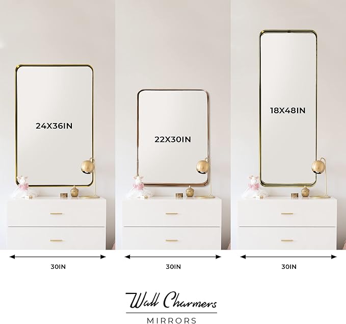 Gold Rectangular Mirror 48 inch Tall | Wall Mounted or Free Standing Floor Mirror | Full Size with Stainless Steel Frame and Rounded Corners | Full Length Mid Century Modern Design by Wall Charmers