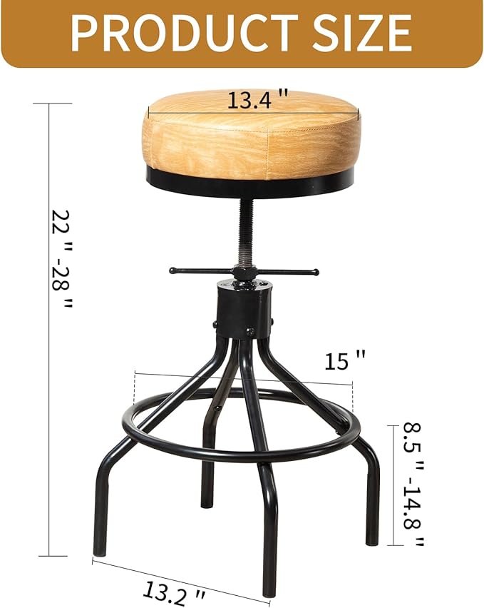 Swivel Bar Stools Set of 2 Adjustable Swivel Round Barstools Modern PU Leather 28inch Backless Counter Height Stool Metal Industrial Bar Chair for Kitchen Island (2, Ash Wood PU Leather)