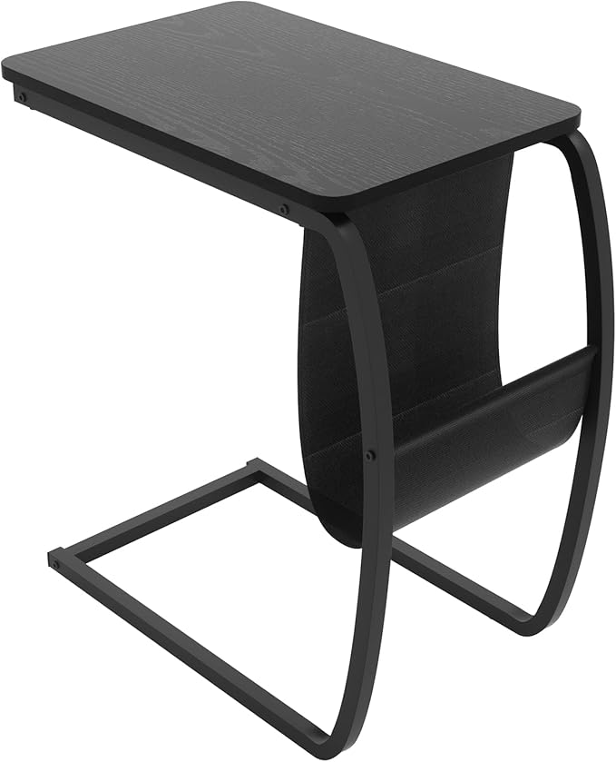 SRIWATANA Side End Tables Living Room, Vintage C-Shaped Laptop Table for Couch, Snack Table with Side Pocket, Black