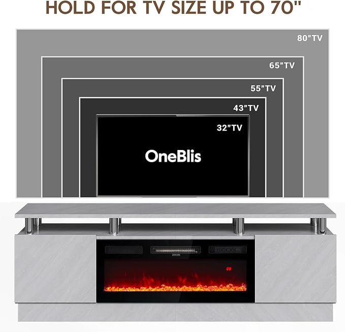 70" TV Stand for Living Room, Entertainment Center with Storage Cabinet, Fits TVs up to 80", Modern Media Console with Shelves, 36" Electric Fireplace (Grey+Black)