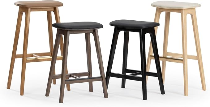 Plank+Beam Beryl Counter Height Stool - Mid-Century Modern Rubberwood Bar Stool with Faux Leather Seat, Metal Footrest, Easy Assembly, 2-Pack, Pecan/Toffee