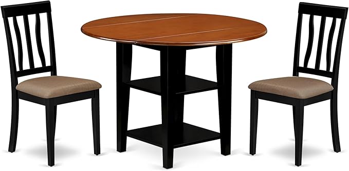 East West Furniture SUAN3-BCH-C 3 Piece Dining Room Table Set Contains a Round Kitchen Table with Dropleaf & Shelves and 2 Linen Fabric Upholstered Chairs, 42x42 Inch, Black & Cherry