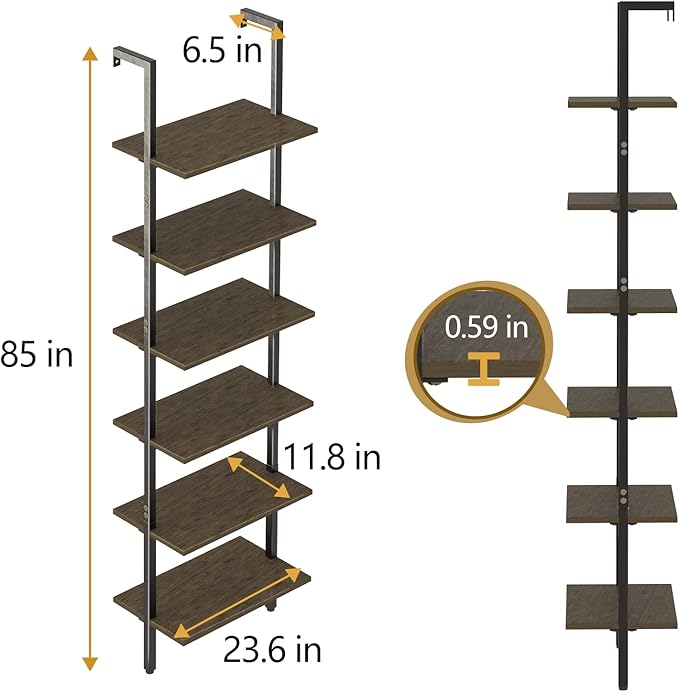 Ladder Shelf Black 6 Tiers Modern Bookshelf Room Organizer Open Tall Wall Mount Bookcase Standing Leaning Wall Shelves Industrial Decorative Living Room Bed Room (Brown)