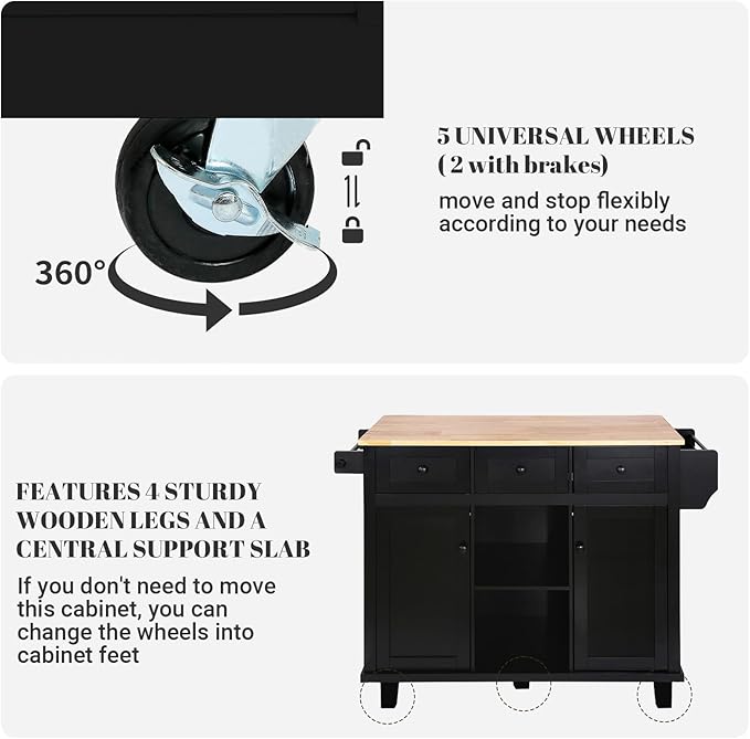 Rovibek Kitchen Island with Drawers 53 in Rolling Island Cart Mobile Solid Wood Portable Islands on Wheels with Storage Cabinet & Drawers, Black