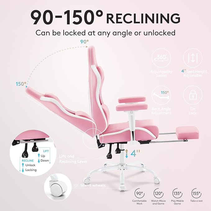 Gaming Chair,Computer Office Chair with Footrest,Massage Lumbar Support and Gel Pad,Ergonomic Reclining Leather Gamer Chair with Headrest,Adjustable Armrests and Spring Cushion Pink