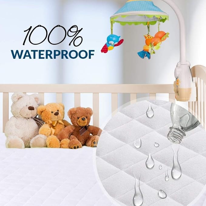 Crib Mattress Protector 100% Waterproof, Noiseless – Viscose Made from Quilted Ultra Soft White Terry Fitted Sheet Style (28"x52")