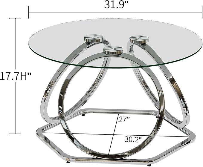 O&K FURNITURE Glass Coffee Table, Modern Silver Coffee Table Living Room Table with Hexagonal Base, Round Coffee Table for Home&Office, Chrome Finish, 1 PC