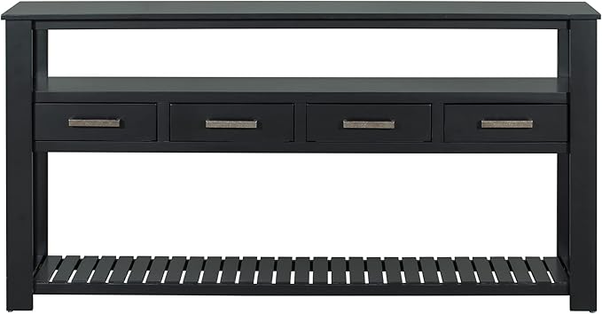 Ball & Cast 62.2“ Contemporary 4 Drawers Console Table, Long Entryway Table with Drawer & 3 Tier Shelves, Modern Storage Sofa Table, Farmhouse Wood Couch Table for Entrance Hallway Living,Black