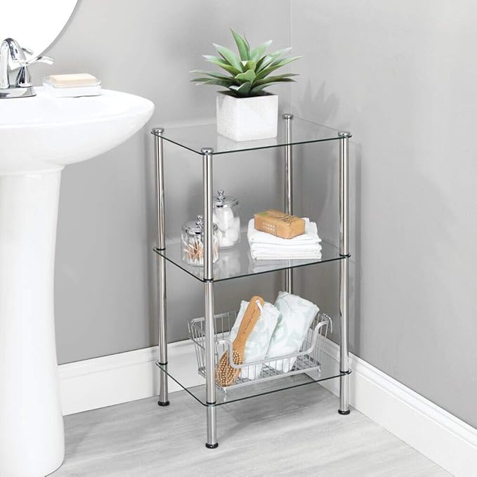 mDesign Metal/Glass 3-Tier Storage Tower, Narrow Shelving Display Unit, Open Glass Shelves; Multi-Use Stand for Living Room, Bathroom, Home Office, Hallway, Bedroom Organization - Chrome/Clear