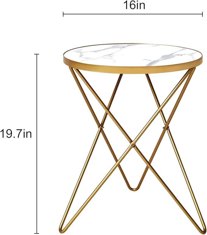 HLR Modern Round Side Table, End Table with Marble Effect Top and Gold Metal Frame, Small Side Table for Living Room, Bedroom, Sofa and Couch, Gold Legs, White Marble top