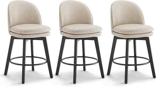 Counter Height Barstools 26 inch Upholstered Swivel Bar Stools with Back and Wood Legs for Kitchen Island,Set of 3,Beige PU Leather-Armless