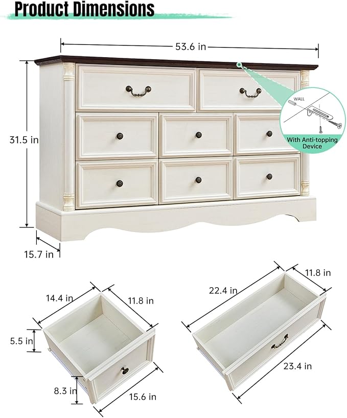 Farmhouse 8 Drawers Dresser for Bedroom with Charging Station, 54" Wide Wood Country Rustic Storage Dressers Organizer, Vintage Design Chest of Drawers TV Stand, Antique White