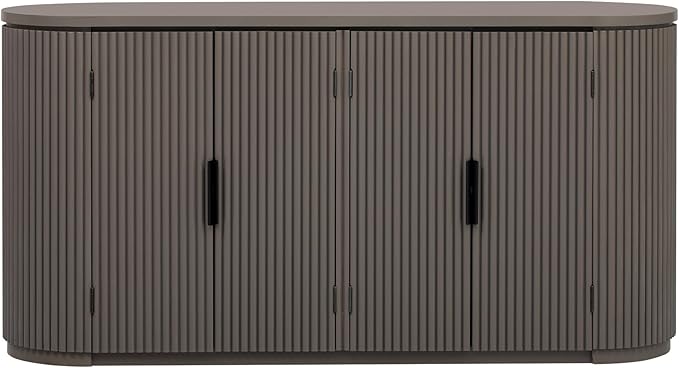 Merax 63" Large Sideboard, Vertical Striped Storage Cabinet with 4 Door, Metal Handles, Adjustable Shelf, Suitable for Study, Entryway and Living Room, Brown
