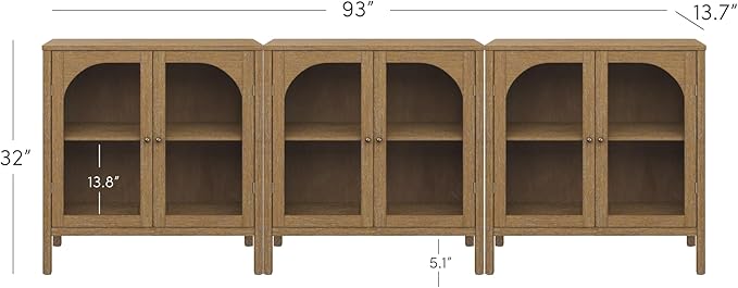 Nathan James Mason TV Stand, Free Standing Accent Sideboard Buffet, Credenza with Glass Doors and Adjustable Shelf in Brushed Light Brown Wood for Dining Room, Entryway and Living Room, Set of 3