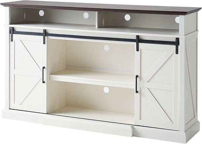 66" Farmhouse TV Stand for 75 Inch TVs, 40" Tall Entertainment Centere with Sliding Barn Doors, Rustic Media Console Table Storage Cabinet with Adjustable Shelves, Living Room, Antique White