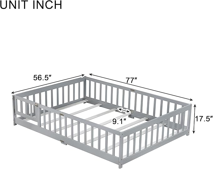 Bellemave Full Floor Bed with Slats and Safety Guardrails, Kids Montessori Floor Beds with Fence and Door, Easy Assemble Floor Bed for Kids, Girls, Boys, Gray