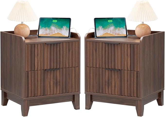 Wnutrees Fluted Nightstand with Charging Station, Modern Bedside Table with 2 Drawers, Farmhouse Wooden End Side Table for Living Room, 2Pack, Brown