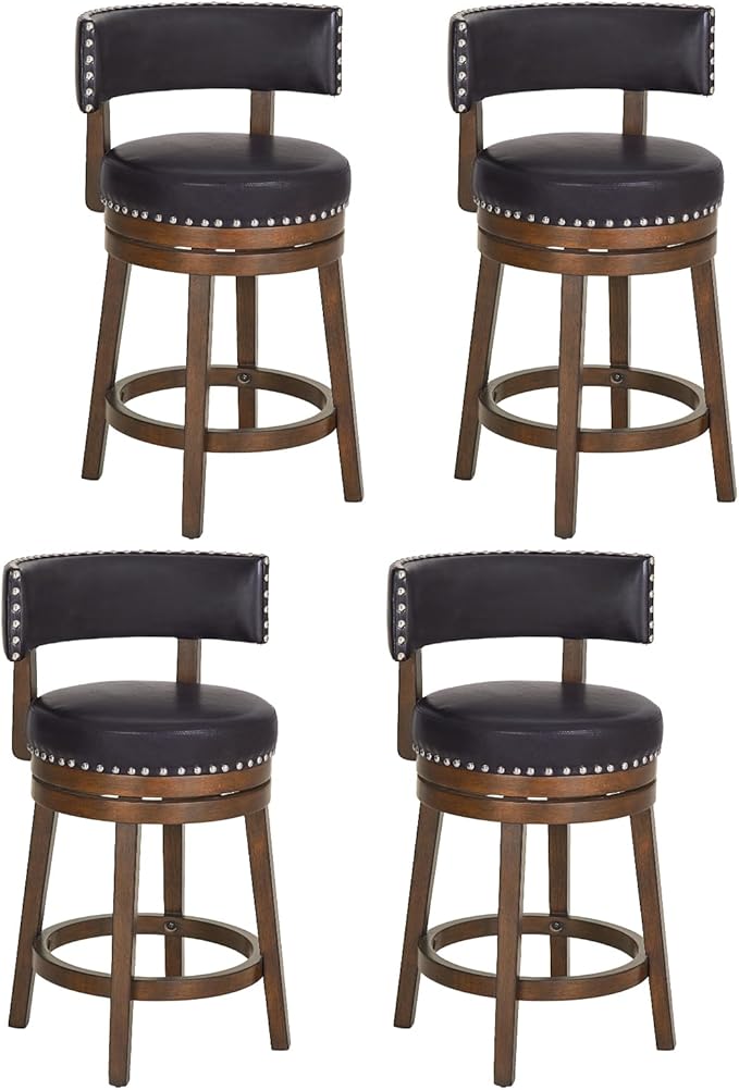 COLAMY Swivel Bar Stools Set of 4, 25 Inch Wood Swivel Barstools with Back, Counter Height Bar Stools, Modern Upholstered Barstools for Kitchen Island Dining Room Bar, Dark Brown